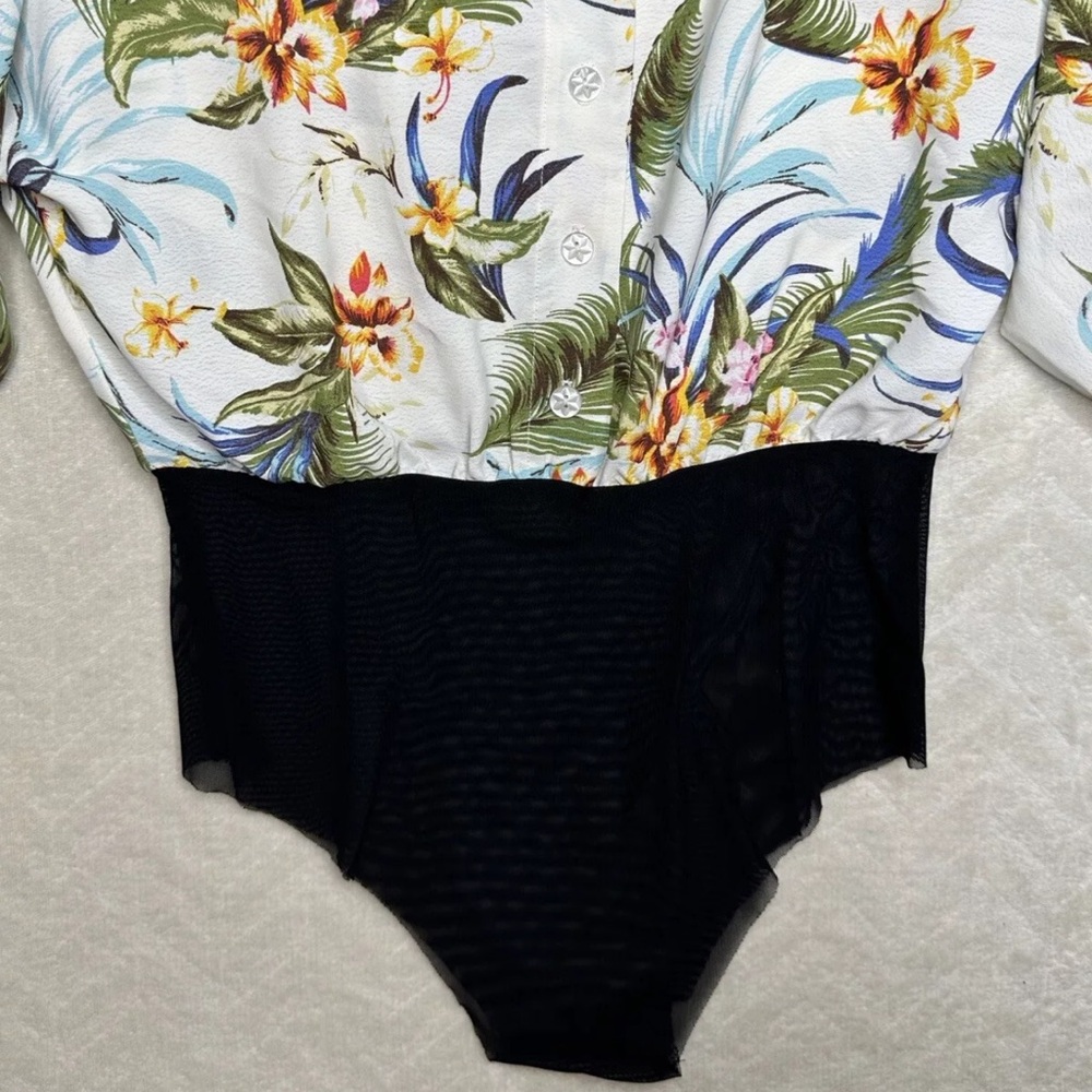 FKSP Women’s Hawaiian Floral Bodysuit Small Mesh Panties Bell Sleeve Button Down - Picture 5 of 15